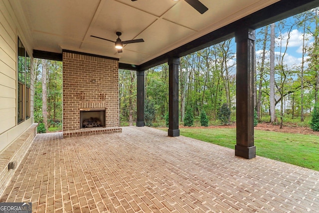 117 Wildwood Dr, Eatonton, GA 31024 - view of patio / terrace featuring an outdoor brick fireplace and ceiling fan