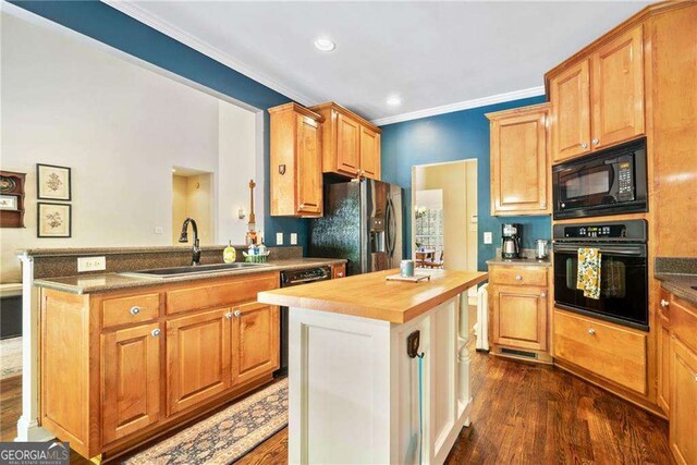 204 Overland Trl, Mcdonough, GA 30252 - kitchen featuring wood counters, dark wood-style floors, a sink, and black appliances