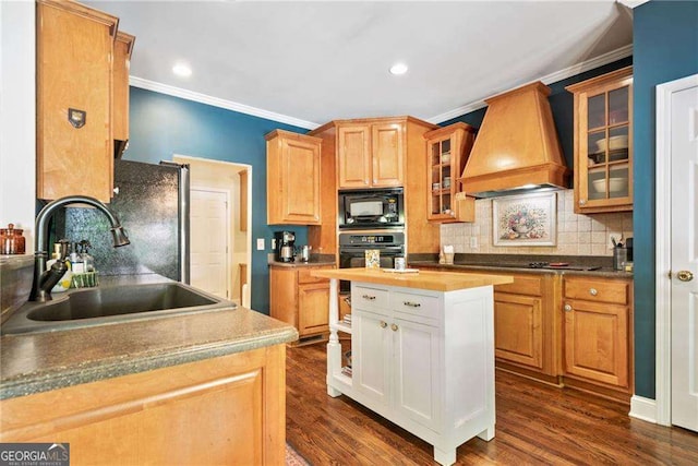 204 Overland Trl, Mcdonough, GA 30252 - kitchen with a sink, black appliances, premium range hood, backsplash, and ornamental molding