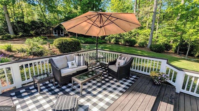 204 Overland Trl, Mcdonough, GA 30252 - wooden terrace with a lawn and an outdoor living space
