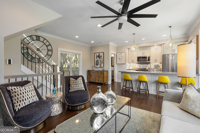 738 Saint Charles Ave NE, Atlanta, GA 30306 - living room with recessed lighting, dark wood finished floors, stairway, crown molding, and ceiling fan