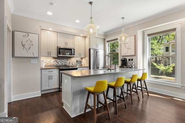 738 Saint Charles Ave NE, Atlanta, GA 30306 - kitchen with a kitchen breakfast bar, stainless steel appliances, a sink, tasteful backsplash, and dark wood-style flooring