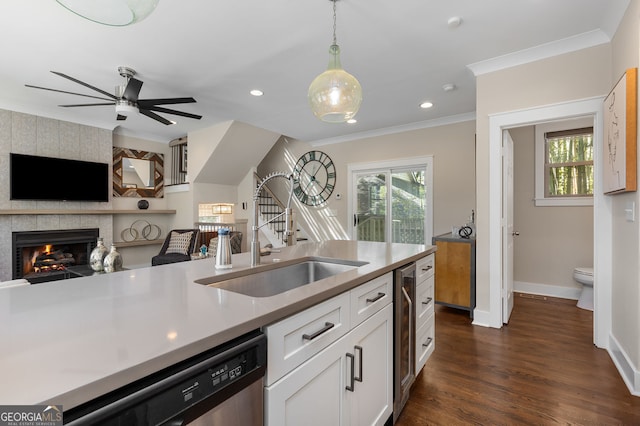 738 Saint Charles Ave NE, Atlanta, GA 30306 - kitchen featuring a healthy amount of sunlight, stainless steel dishwasher, ornamental molding, and a sink