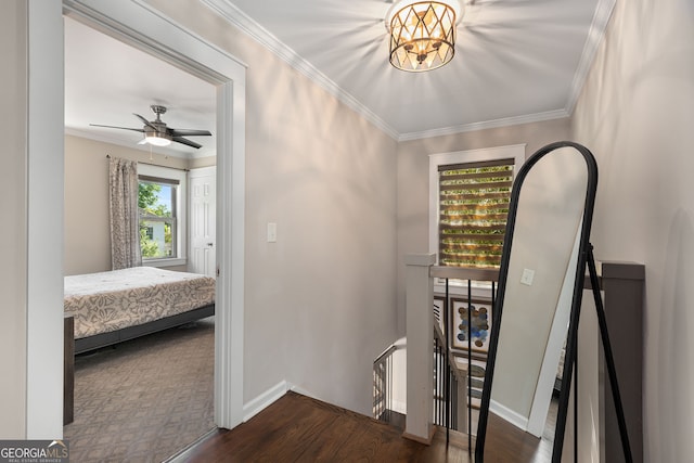 738 Saint Charles Ave NE, Atlanta, GA 30306 - hallway featuring dark wood finished floors, an upstairs landing, crown molding, baseboards, and a chandelier
