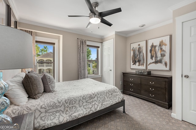 738 Saint Charles Ave NE, Atlanta, GA 30306 - bedroom featuring baseboards, ornamental molding, ceiling fan, and carpet floors