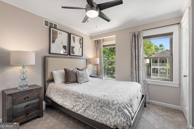 738 Saint Charles Ave NE, Atlanta, GA 30306 - bedroom featuring crown molding, visible vents, baseboards, carpet, and a ceiling fan