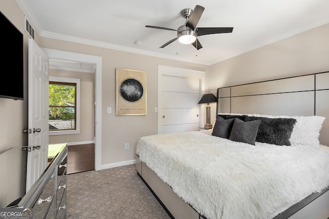 738 Saint Charles Ave NE, Atlanta, GA 30306 - bedroom featuring crown molding, ceiling fan, carpet floors, baseboards, and visible vents