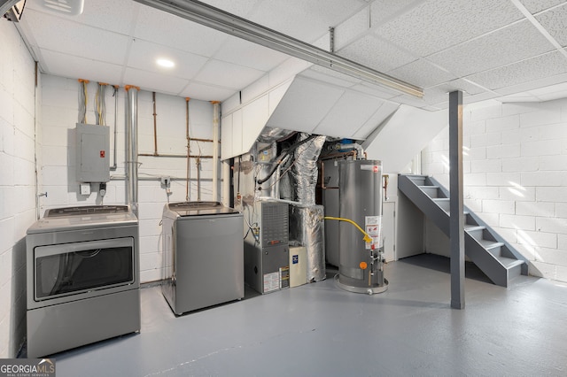 738 Saint Charles Ave NE, Atlanta, GA 30306 - unfinished basement featuring heating unit, separate washer and dryer, electric panel, water heater, and concrete block wall