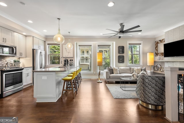 738 Saint Charles Ave NE, Atlanta, GA 30306 - kitchen featuring a kitchen breakfast bar, stainless steel appliances, ornamental molding, a sink, and open floor plan
