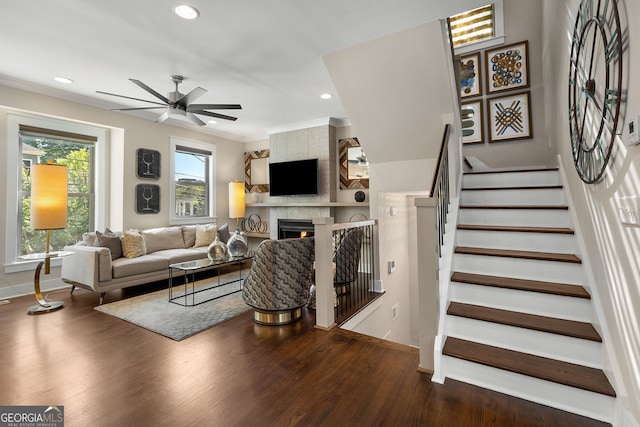 738 Saint Charles Ave NE, Atlanta, GA 30306 - living area featuring wood finished floors, ceiling fan, a large fireplace, baseboards, and recessed lighting