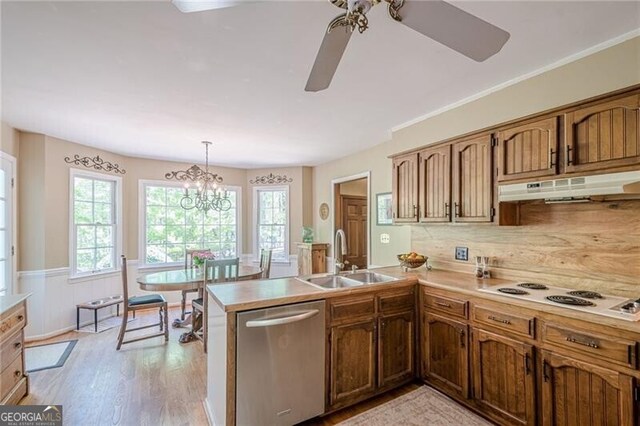 5251 Amberbrook Ct, Marietta, GA 30068 - kitchen featuring stainless steel dishwasher, a sink, white electric stovetop, a peninsula, and under cabinet range hood