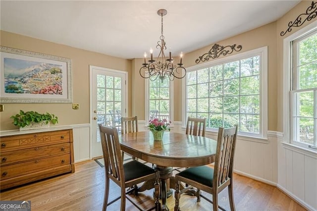 5251 Amberbrook Ct, Marietta, GA 30068 - dining space with light wood finished floors, a wainscoted wall, a wealth of natural light, and a notable chandelier