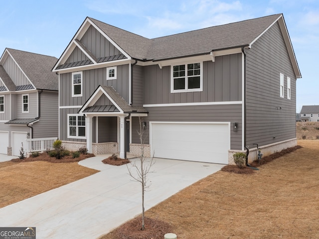 131 Hampton Ter, Dallas, GA 30157 - craftsman-style home featuring board and batten siding, an attached garage, concrete driveway, a shingled roof, and a porch