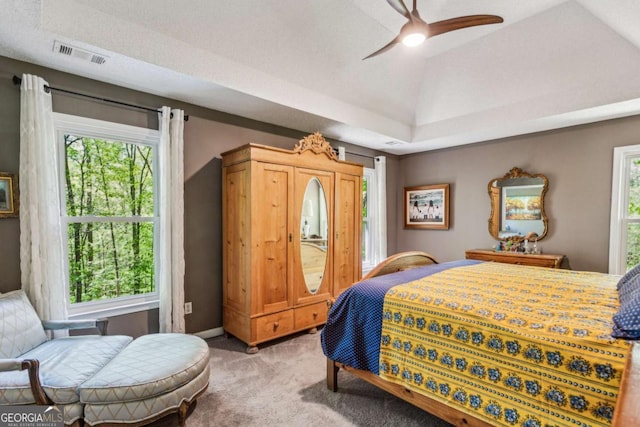 5876 Bridgemont Pl NW, Acworth, GA 30101 - bedroom featuring multiple windows, ceiling fan, visible vents, and light carpet