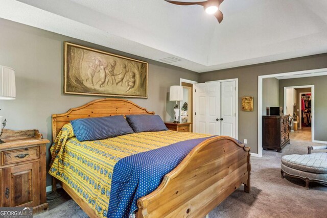 5876 Bridgemont Pl NW, Acworth, GA 30101 - carpeted bedroom with baseboards, a ceiling fan, visible vents, and a closet