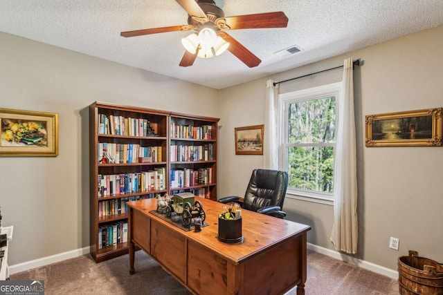 5876 Bridgemont Pl NW, Acworth, GA 30101 - office area featuring a textured ceiling, carpet floors, visible vents, and ceiling fan