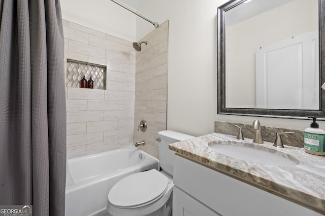 full bath with vanity, shower / bathtub combination with curtain, and toilet