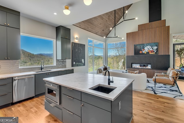 631 Bent Grass, Clayton, GA 30525 - kitchen with stainless steel dishwasher, gray cabinets, a sink, wood ceiling, and high vaulted ceiling