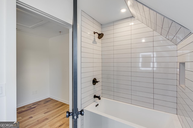 631 Bent Grass, Clayton, GA 30525 - bathroom featuring wood finished floors, shower / bathtub combination, baseboards, and recessed lighting