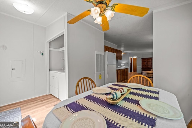 82 Dogwood Ct, Sparta, GA 31087 - dining area featuring a ceiling fan, independent washer and dryer, electric panel, crown molding, and light wood-style flooring