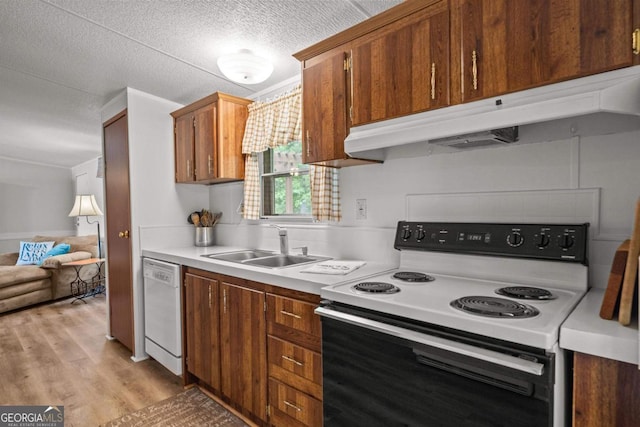 82 Dogwood Ct, Sparta, GA 31087 - kitchen featuring range with electric stovetop, under cabinet range hood, dishwasher, a sink, and light wood-style flooring