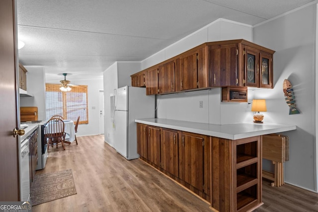 82 Dogwood Ct, Sparta, GA 31087 - kitchen featuring freestanding refrigerator, light wood-style floors, ceiling fan, crown molding, and light countertops