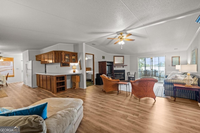 82 Dogwood Ct, Sparta, GA 31087 - living area with a ceiling fan, a textured ceiling, vaulted ceiling, and light wood-style flooring