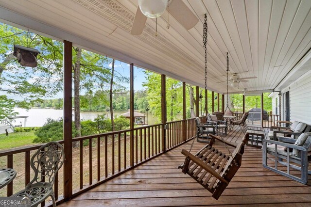 82 Dogwood Ct, Sparta, GA 31087 - sunroom / solarium featuring a ceiling fan and a water view