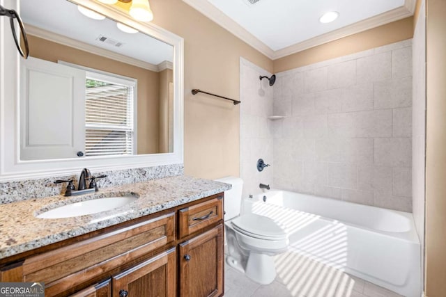 bathroom with toilet, visible vents, shower / bath combination, tile patterned flooring, and vanity