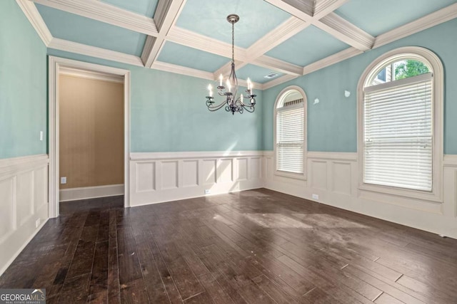 unfurnished dining area featuring a wainscoted wall, beam ceiling, a chandelier, coffered ceiling, and wood-type flooring