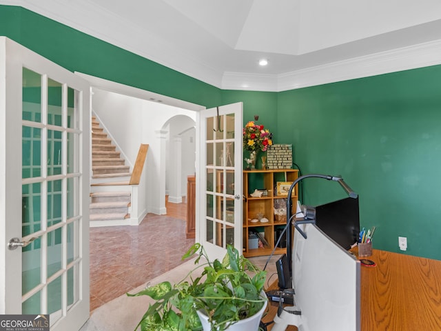 interior space featuring crown molding, arched walkways, recessed lighting, and french doors