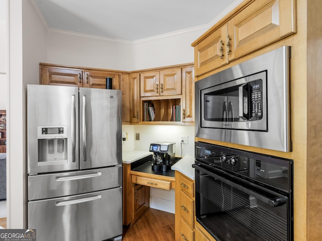kitchen featuring open shelves, wood finished floors, light countertops, ornamental molding, and stainless steel appliances