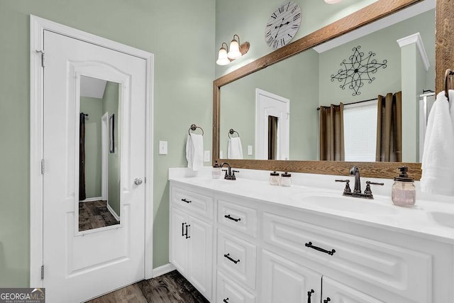 full bathroom featuring double vanity, wood finished floors, and a sink