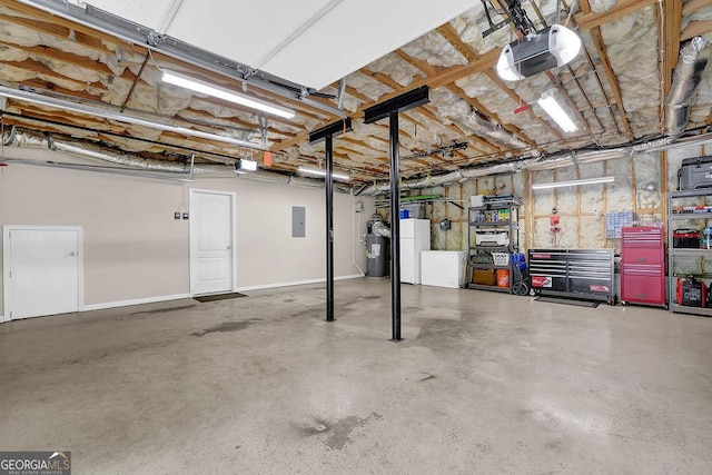 garage with freestanding refrigerator, baseboards, electric panel, and a garage door opener