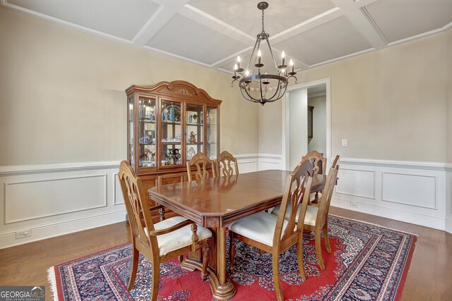 dining room with an inviting chandelier, wainscoting, wood finished floors, and coffered ceiling