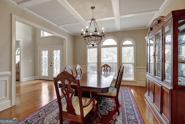 dining area with light wood-type flooring, wainscoting, an inviting chandelier, and coffered ceiling