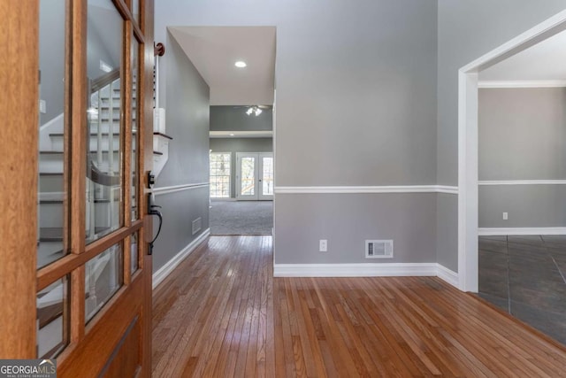 160 Keese Ln, Fair Play, SC 29643 - foyer with baseboards, visible vents, a ceiling fan, stairs, and wood-type flooring
