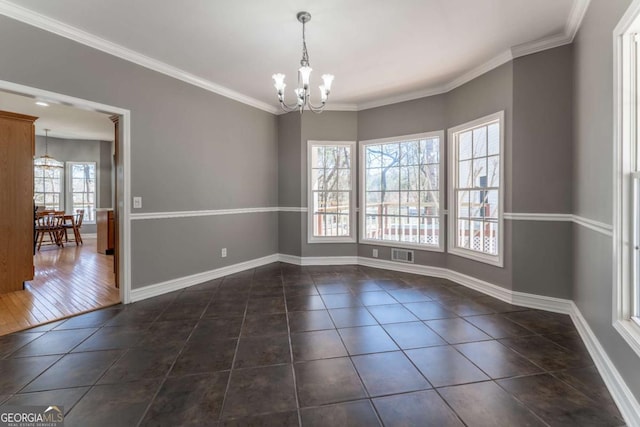 160 Keese Ln, Fair Play, SC 29643 - unfurnished dining area with baseboards, dark tile patterned floors, an inviting chandelier, and crown molding