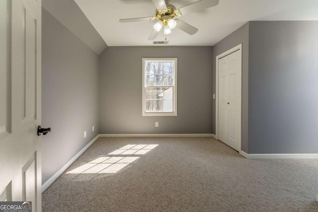 160 Keese Ln, Fair Play, SC 29643 - unfurnished bedroom with vaulted ceiling, a ceiling fan, baseboards, carpet flooring, and visible vents