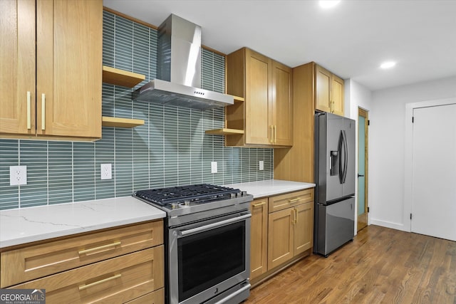 800 Kiowa Dr NE, Marietta, GA 30060 - kitchen featuring open shelves, appliances with stainless steel finishes, wall chimney range hood, backsplash, and recessed lighting