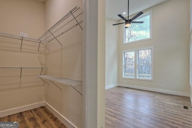162 Forest Canopy Way, Clayton, GA 30525 - walk in closet with a ceiling fan, a high ceiling, visible vents, and wood finished floors