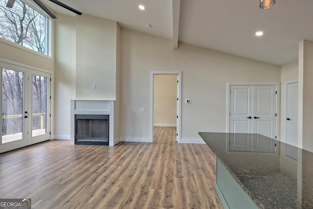 162 Forest Canopy Way, Clayton, GA 30525 - unfurnished living room featuring a fireplace, baseboards, high vaulted ceiling, recessed lighting, and light wood-style flooring