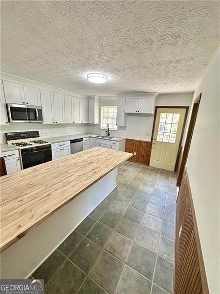 1836 Rainbow Ln, Powder Springs, GA 30127 - kitchen featuring white cabinetry, wooden counters, a wealth of natural light, and appliances with stainless steel finishes