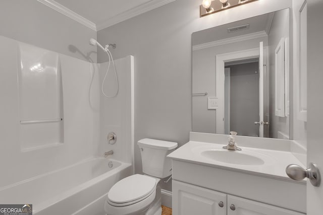 bathroom with crown molding, vanity, shower / bath combination, toilet, and visible vents