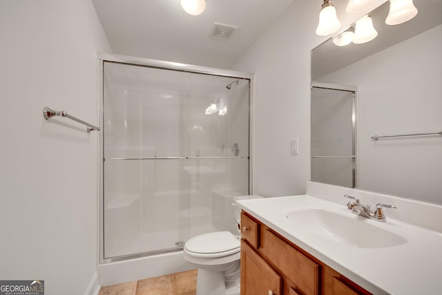 full bathroom featuring tile patterned floors, a stall shower, vanity, toilet, and visible vents