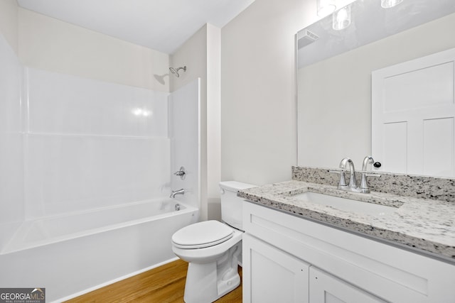 405 Roper Dr, Clarkesville, GA 30523 - full bathroom with toilet, vanity, wood finished floors, and  shower combination