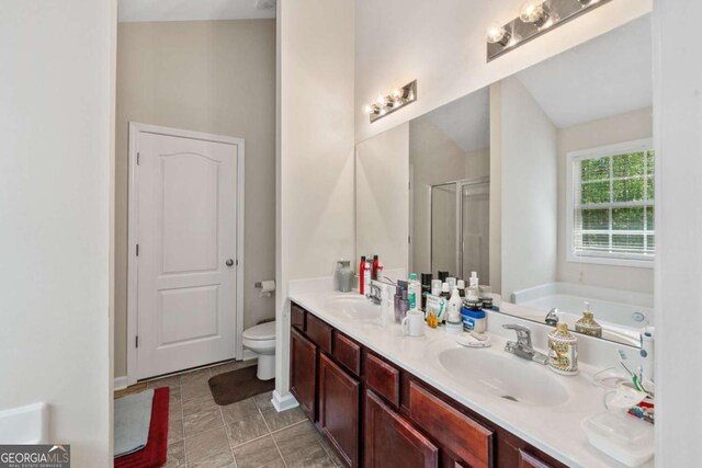 full bathroom featuring a sink, a shower stall, double vanity, and toilet