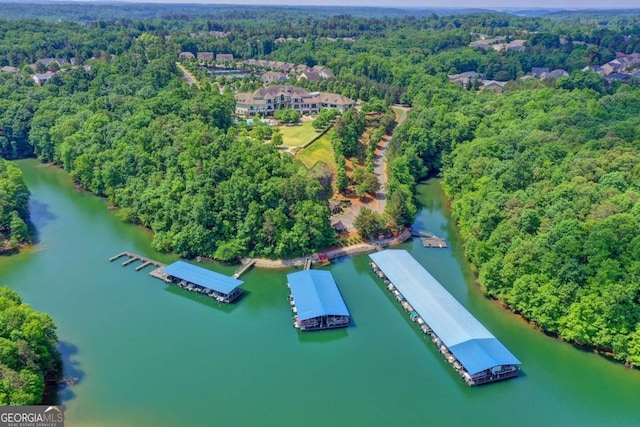 birds eye view of property with a wooded view and a water view