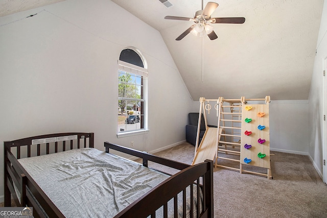 5 Stony Oak Dr, Newnan, GA 30263 - carpeted bedroom featuring vaulted ceiling, baseboards, and ceiling fan