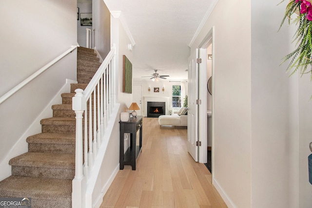 5 Stony Oak Dr, Newnan, GA 30263 - stairway with wood finished floors, a ceiling fan, ornamental molding, a warm lit fireplace, and baseboards